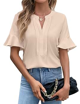 BMJL Womens White Blouses Chiffon Ruffle Short Sleeve V Neck